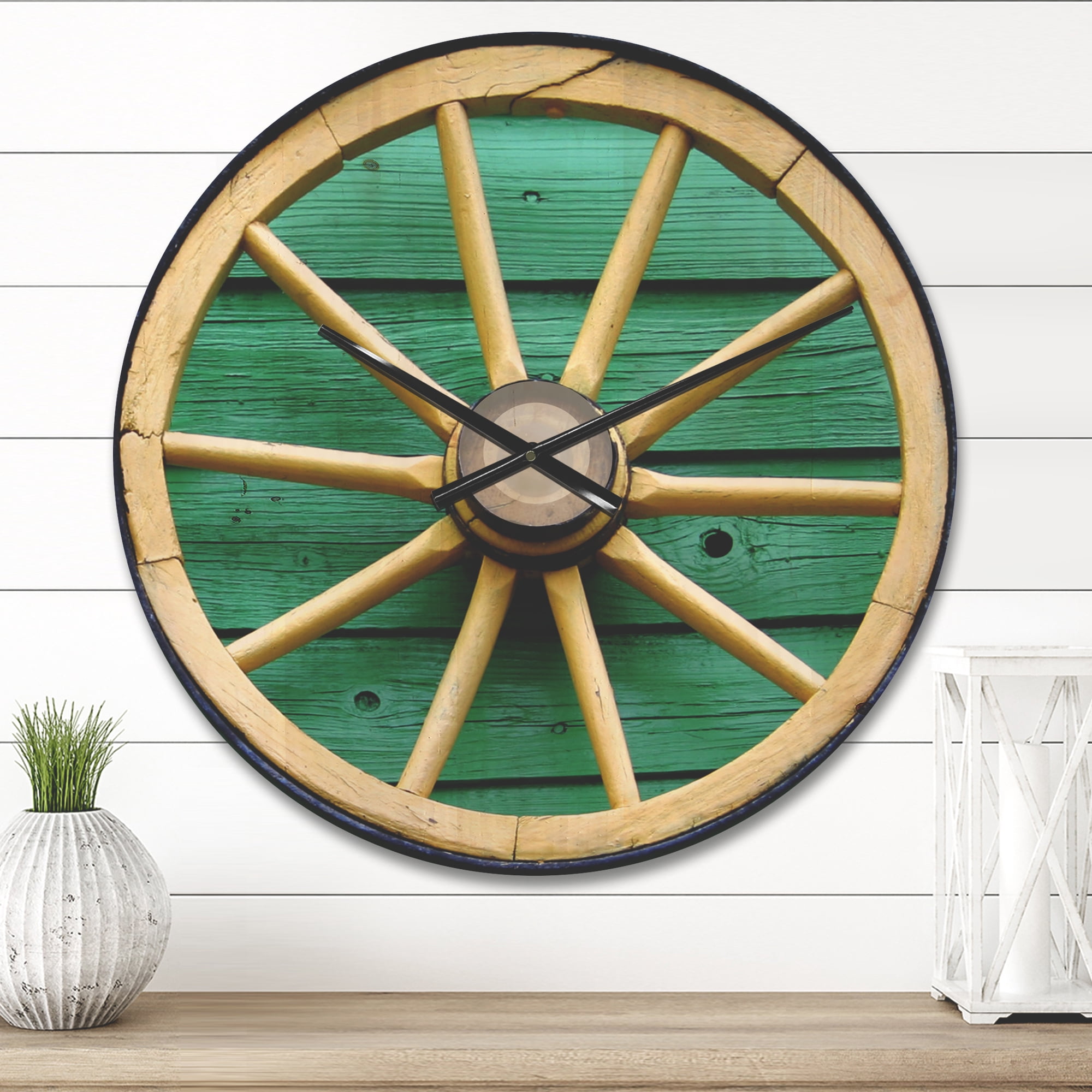 Designart 'Vintage Wagon Wheel on Turquoise Wood ' Farmhouse Wood Wall Clock