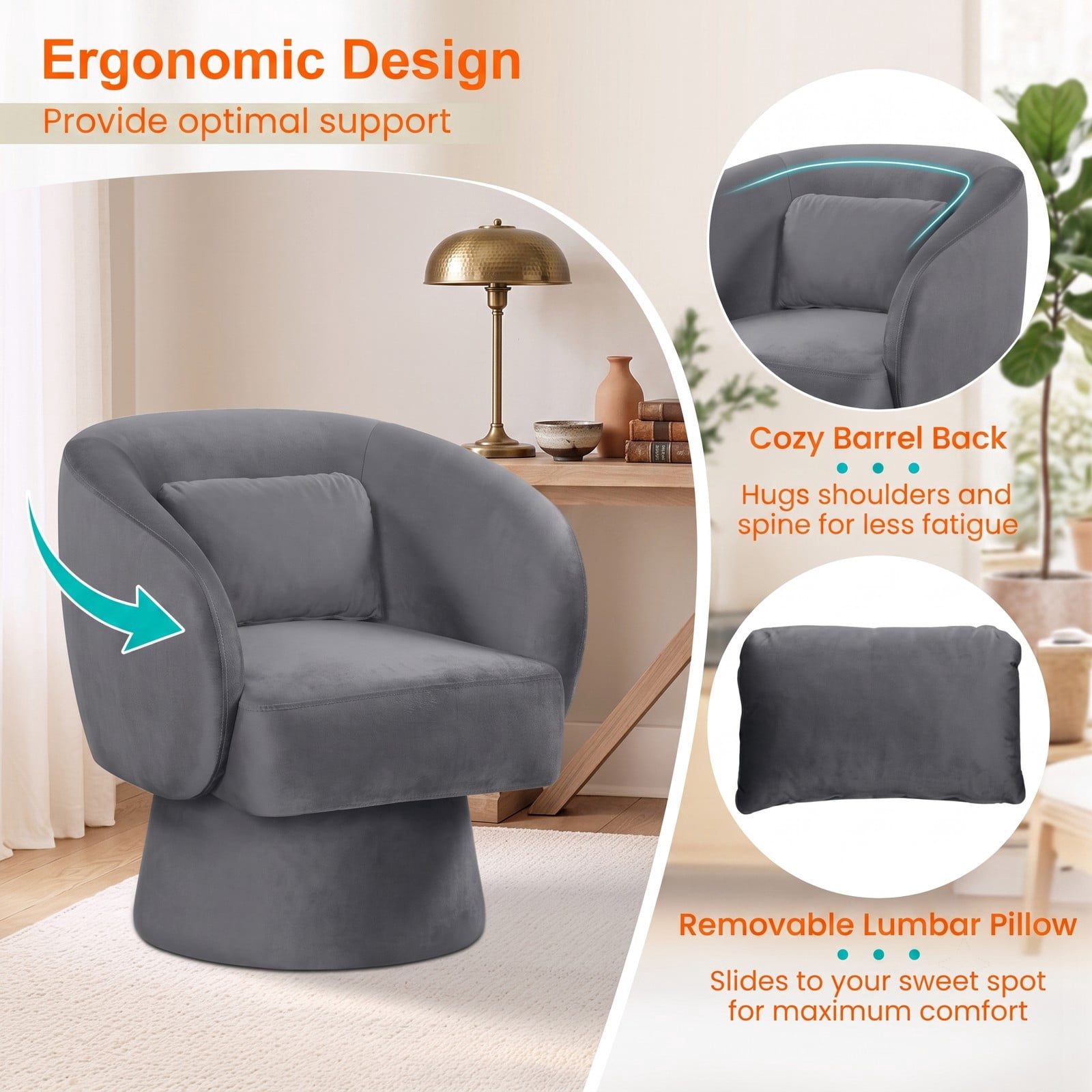 Furnibear Swivel Accent Chair, Upholstered Barrel Chair with Curved Back, 360-Degree Swivel Base and Removable Lumbar Pillow for Living Room Bedroom, 400 lbs, Gray