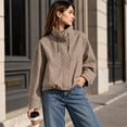 thumbnail image 4 of Women Plaid Zipper Bomber Jacket Stand Collar Long Sleeve Jacket Cropped Outwear with Pockets M, 4 of 6