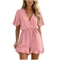 thumbnail image 3 of VBVC Women's Wrap V-Neck Drawstring Romper , Ladies' Ruffle Short Sleeve Jumpsuit , Casual Summer Playsuit For Women,Pink,S-3XL, 3 of 8