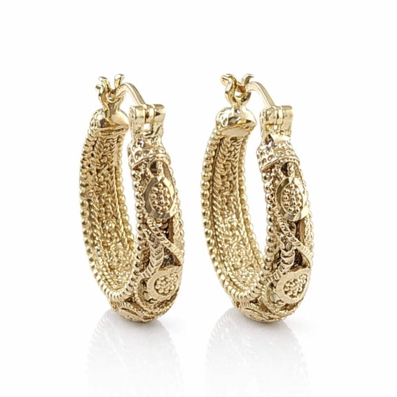 Turkish Bling Vintage Filigree Ornate Hoop Earrings 18k Gold Finish