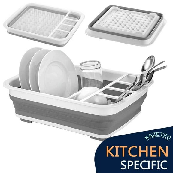 KAZETEC Collapsible Dish Drying Rack Portable Dinnerware Drainer Organizer for Kitchen RV Campers Travel Trailer Space Saving Kitchen Storage Tray,Room for Eight Large Plates
