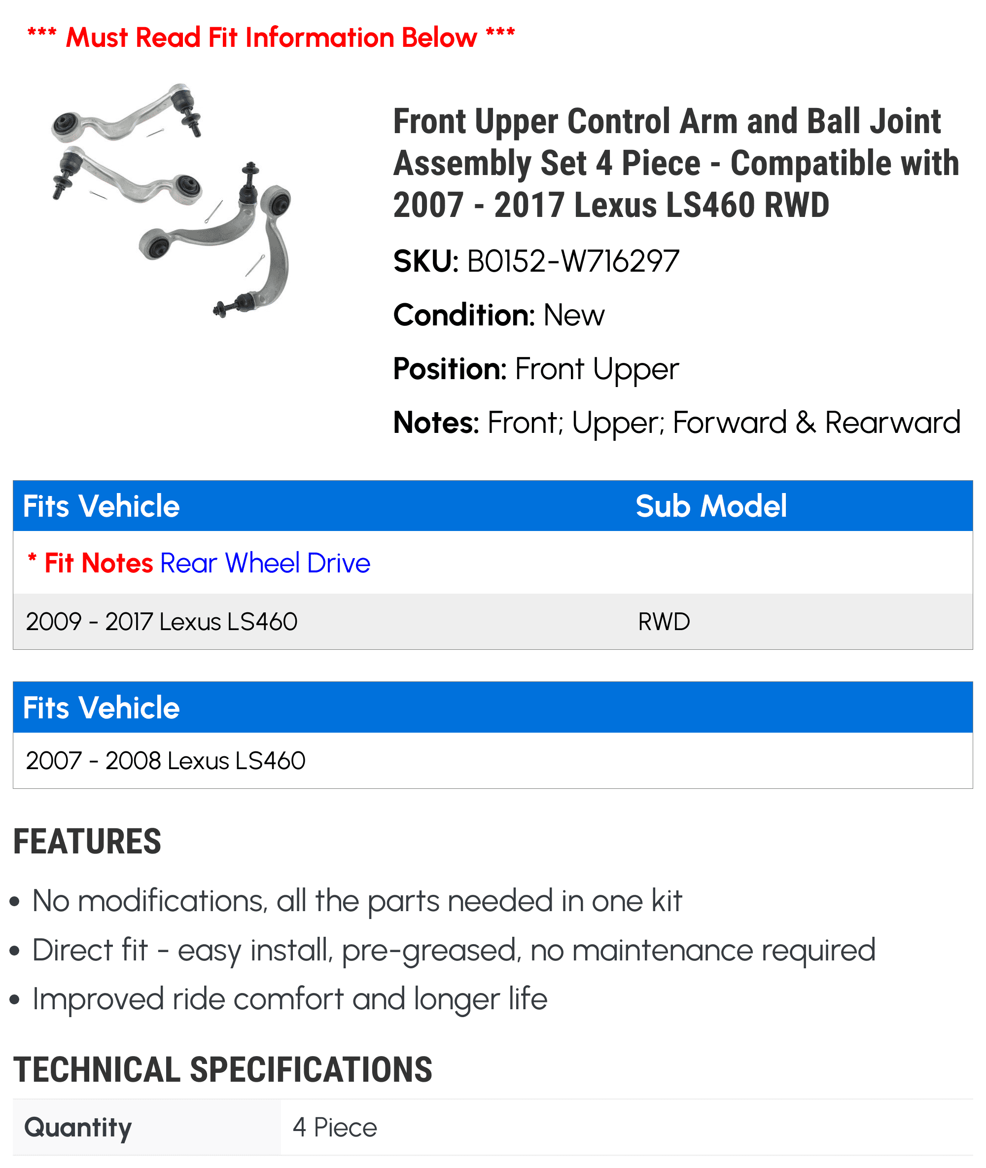 Front Upper Control Arm and Ball Joint Assembly Set 4 Piece - Compatible with 2007 - 2017 LS460 RWD 2008 2009 2010 2011 2012 2013 2014 2015 2016