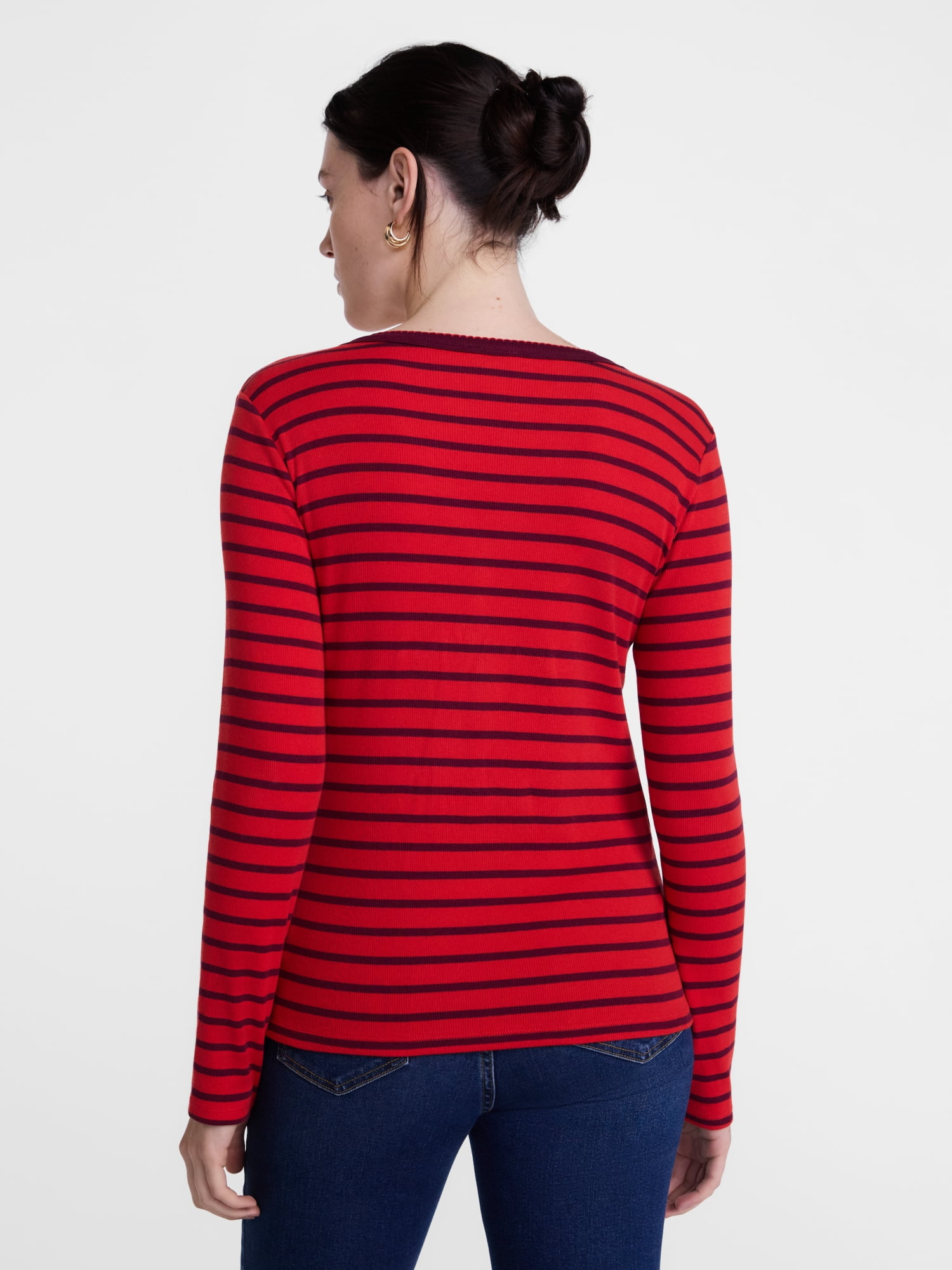Scenario Women's and Women's Plus Striped Henley Shirt with Long Sleeves, Sizes XS-4X