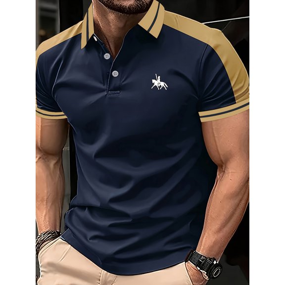 DCDany Men's Polo Shirt Vintage Short Sleeve T-Shirt Classic Golf Shirt Fashion Button Cotton Top with Pocket Blue L