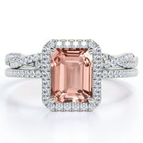 JeenMata 1.5 Carat Emerald Cut Pink Peach created morganite and Moissanite - 4 Prong Halo Set - Twisted Pave Wedding Ring Set - 18K White Gold Plating over Silver