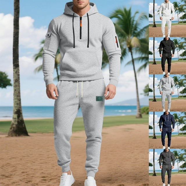 Yuyuzo Men Sweatsuits 2 Piece Outfits Crewneck Fleece Hoodies Joggers Sweatpants Fall Solid Color Tracksuits