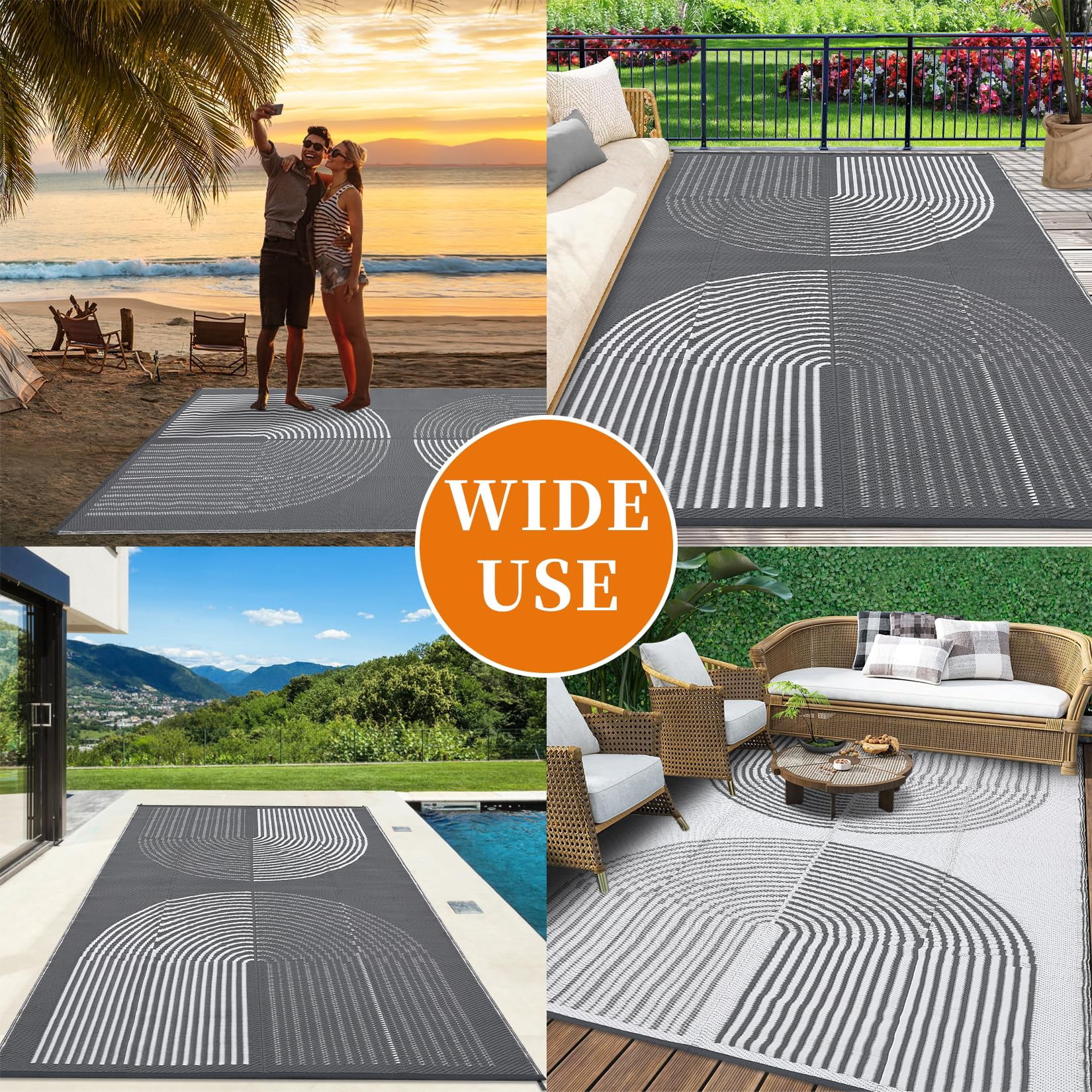 Kicctian Outdoor Rug 8x10 Ft Patio Waterproof, Outdoor Patio Rug Plastic Straw Outdoor Carpet, Large Modern Area Rug Carpet for Camping Poolside RV, Easy to Clean, Grey & White