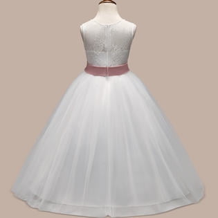 Unomatch Kids Girls Lace Decorated Waist Bow Wedding Dress