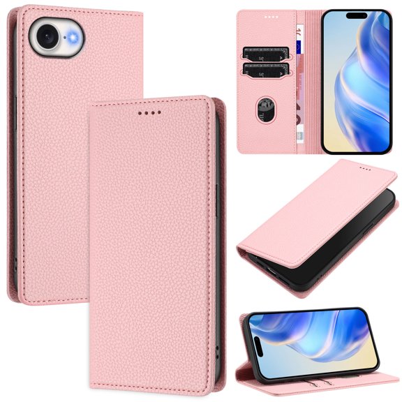 Compatible with iPhone 16e Wallet Case with RFID Blocking Credit Card Holder, PU Leather Folio Flip Kickstand Protective Shockproof Cover Women Men for iPhone 16e Phone Case - Pink