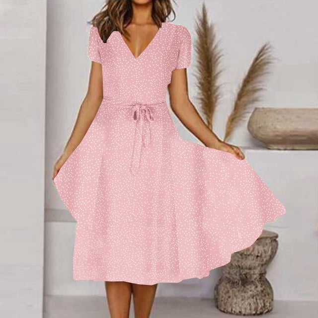 Robes pour Femmes 2024 Été Surdimensionné Col en V Bandage Imprimé Décontracté Manches Courtes Robes 50 % de Réduction!