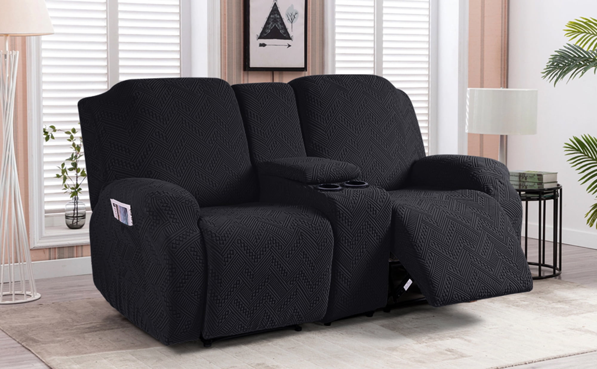 TAOCOCO Recliner Sofa Slipcovers with Console, 4 Pieces Jacquard Reclining Couch Cover for Loveseat Sofa Home Decor Protector,Black