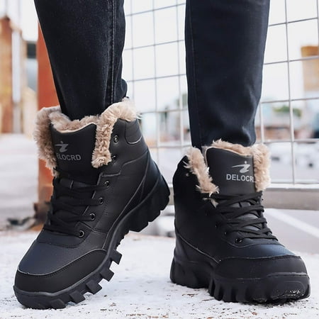 TENGTA Men's Leather Snow Boots High Top Non-Slip Hiking Shoes Faux Fur ...
