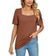 thumbnail image 2 of Gibobby Playera de Verano para Mujer Tops de color sólido para mujer, camisetas casuales de manga corta con cuello cuadrado, blusas holgadas, Tops(Marrón,XL), 2 of 5