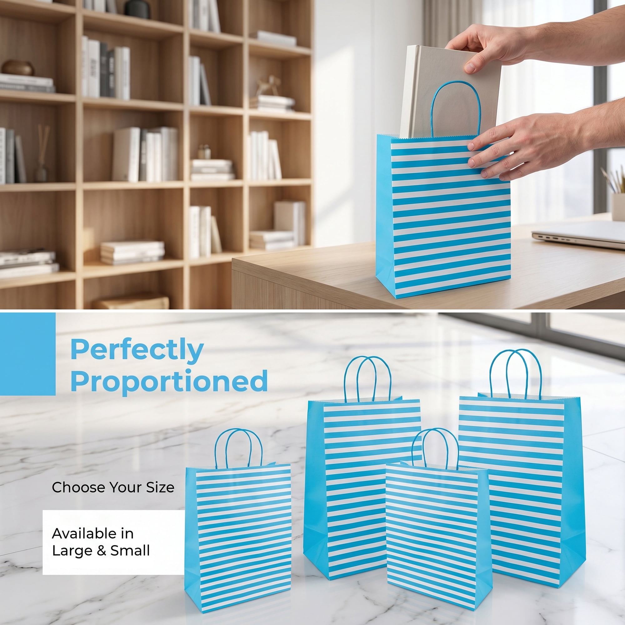 Unique Bargains Horizontal-stripe Gift Bag for All Occasions and Celebrations Blue 10.2" x 5" x 12.6"