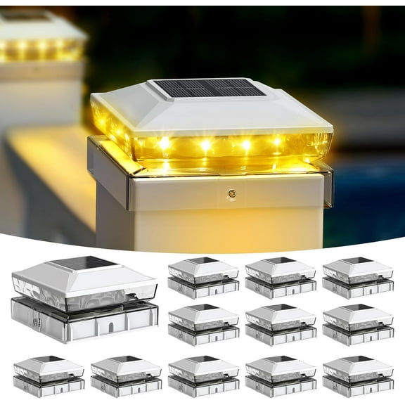 Solar Cap Lights, 12- Upgraded Outdoor Deck Fence Solar Lights for 4x4 5x5 / Posts, IP65 , 10-12 Hours Warm White for Garden/Patio/Porch - White