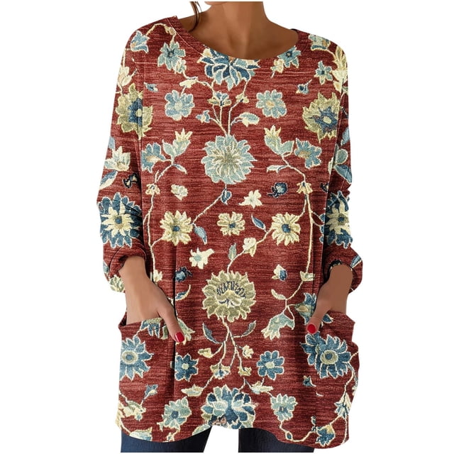 Craaazy Chemises Thermiques pour Femmes Col Rond Imprimés Rétro Manches Longues Vêtements Amples avec Poches Cadeaux