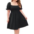thumbnail image 2 of Plus Size Women Casual Dress Square Neck Puff Sleeve Smocked Waist Flowy Short Dress for Vacation Black L, 2 of 9