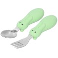 thumbnail image 3 of Juego de cuchara y tenedor para bebé, utensilios de alimentación para niños pequeños de acero inoxidable, cucharas, tenedores, vajilla, juego verde, 3 of 9