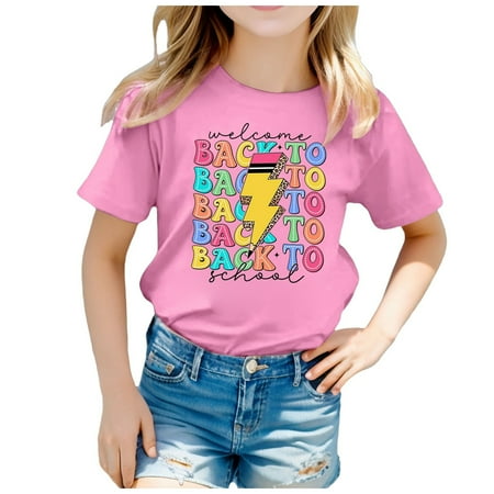 

Girls Tops Size 7 Kid Back to School Season Graphic Print Round Neck Short Sleeve Tee Summer Casual T Shirt Tops Back to School 2-Pink 110