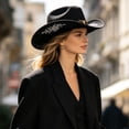 thumbnail image 6 of RUINIXCW Western Cowboy Hat for Men Women Cowgirl Hat Felt Wide Brim Fedora Hat with Bull Head Belt Floral Embroidery Roll Up Jazz Hat Themed Party Cap Wedding Festival Costume, 6 of 9