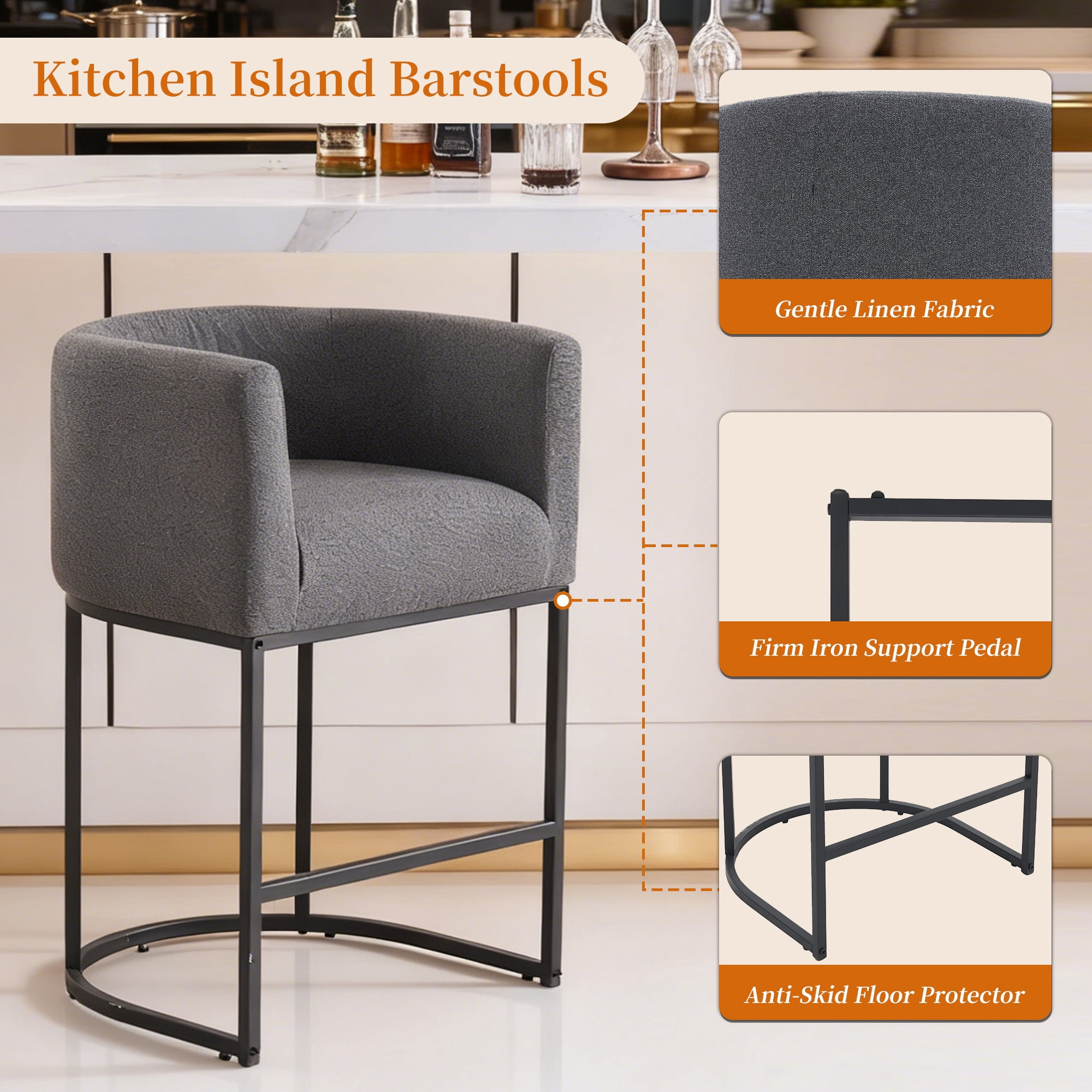 ClinQ Counter Height Bar Stool Set of 3, 26 in Fabric Upholstered Seat, Metal Legs for Indoor Dining Room and Kitchen Island, Darkgray