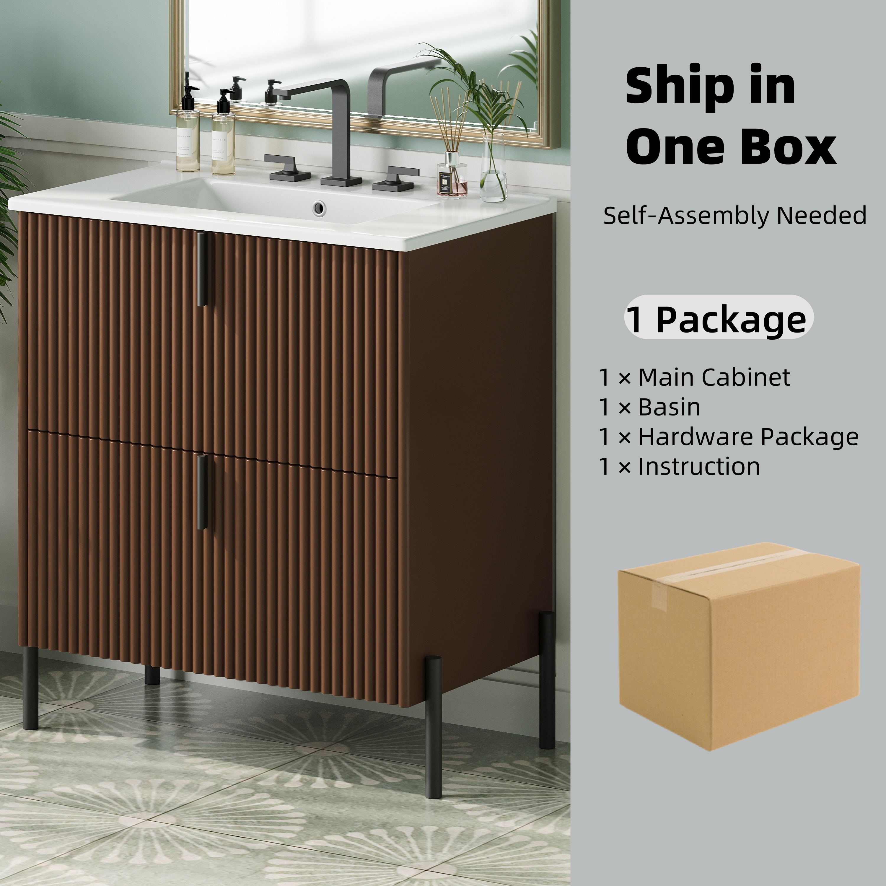 Euroco 30" Bathroom Vanity with Ceramic Sink, Equipped with Vertical Pulls and Full-Extension Drawers, Freestanding Bathroom Vanity with Soft Close Drawer Slides, Fluted Design, Dark Brown