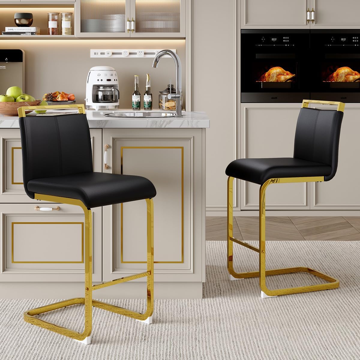 Lecut Modern Counter Height Bar Stools Set of 2, Leather Upholstered Bar Stools with Back and Gold Metal Frame,Bar Stools for Kitchen Island,Pub,Bar,Black