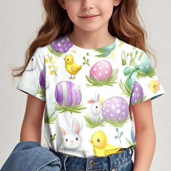 Wancir Kids Easter Bunny T-Shirt with Colorful Eggs and Floral Design, Soft Tee for Girls, Comfortable and Stylish, Ages 3-14