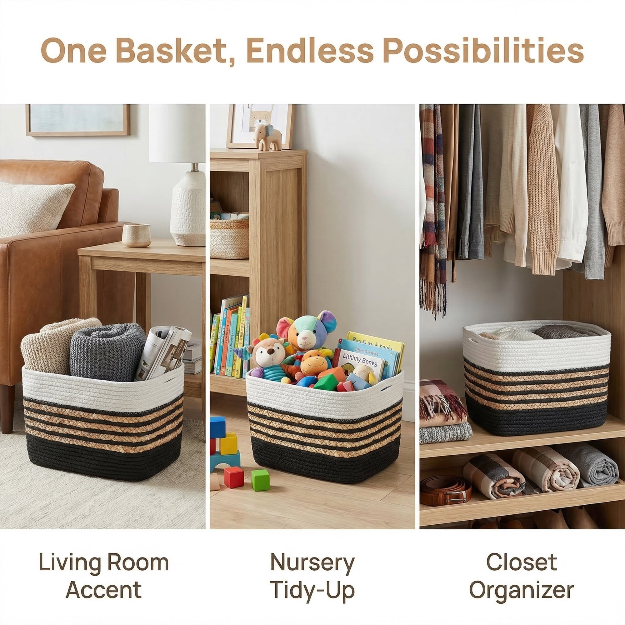 Unique Bargains Woven Storage Basket Storage Bin Black White 15*9.8*9.1in