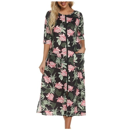 

BELLZELY Womens Pajamas Plus Size Clearance Women s Winter Warm Nightgown Autumn and Winter Nightdress Zip with Pokets Loose Pajamas