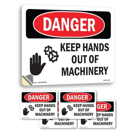 Keep Hands Out Of Machinery OSHA Danger Vinyl Decal Label 14 Inch x 10 Inch - 5 Pack
