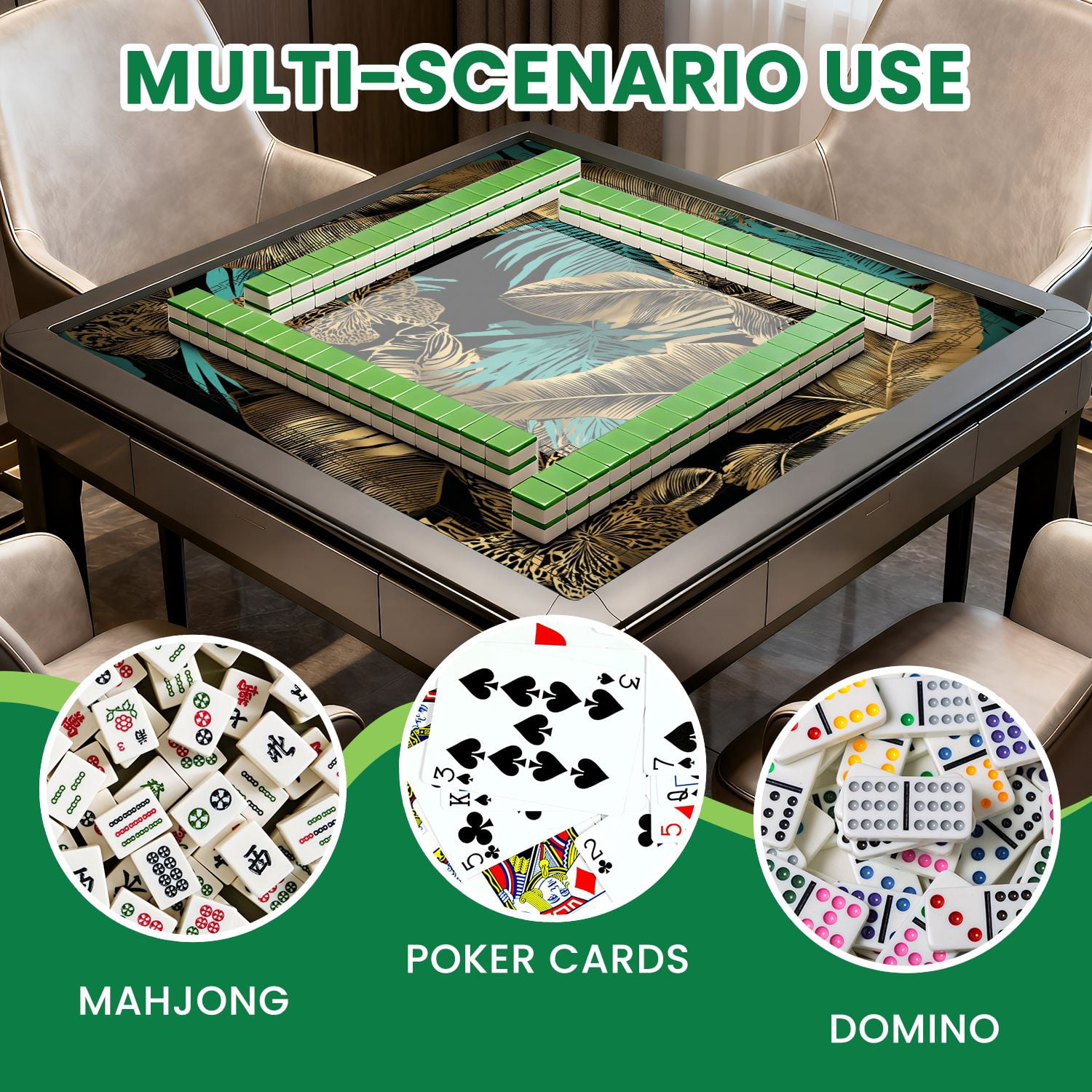 Mahjong Mat 31.5" x 31.5" Seamless Blue green Tropical banana leaves gold exotic palm Non-Slip Noise Reduction American Mahjong Tiles Table Cover for Dominoes Poker Card Board Games Gift