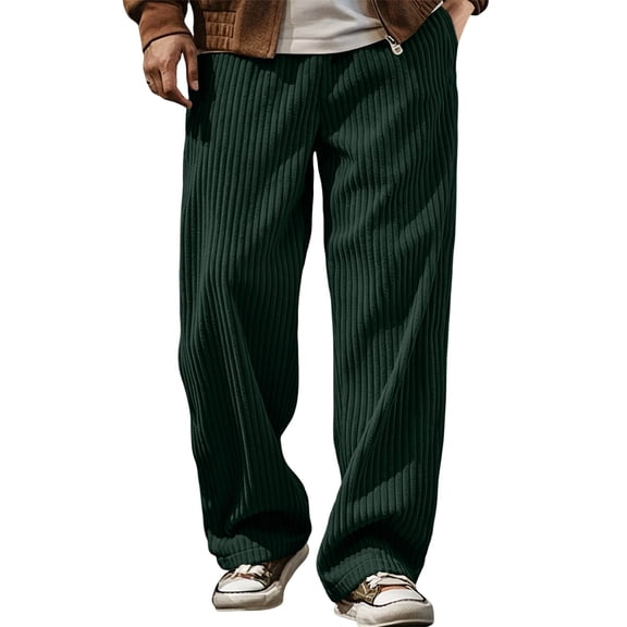 LODIENY Men Corduroy Ribbed Pants Wide Leg Loose Fit Casual Trousers Drawstring Elastic Waist Fashion Sweatpants Army Green XL