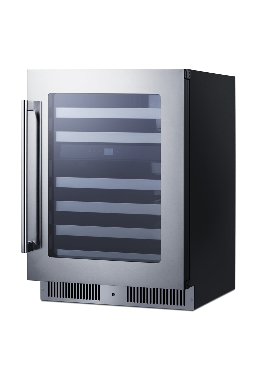 24" wide dual zone built-in undercounter premium wine cellar with glass door, stainless steel interior, tri-colored lighting, stainless steel cabinet, lock, and digital controls