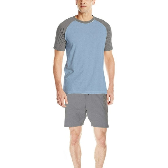 Hanes Men's Adult X-Temp Short Sleeve Cotton Raglan Shirt and Pants Pajamas Pjs Sleepwear Lounge Set - Chambray Blue Heather (2X-Large)