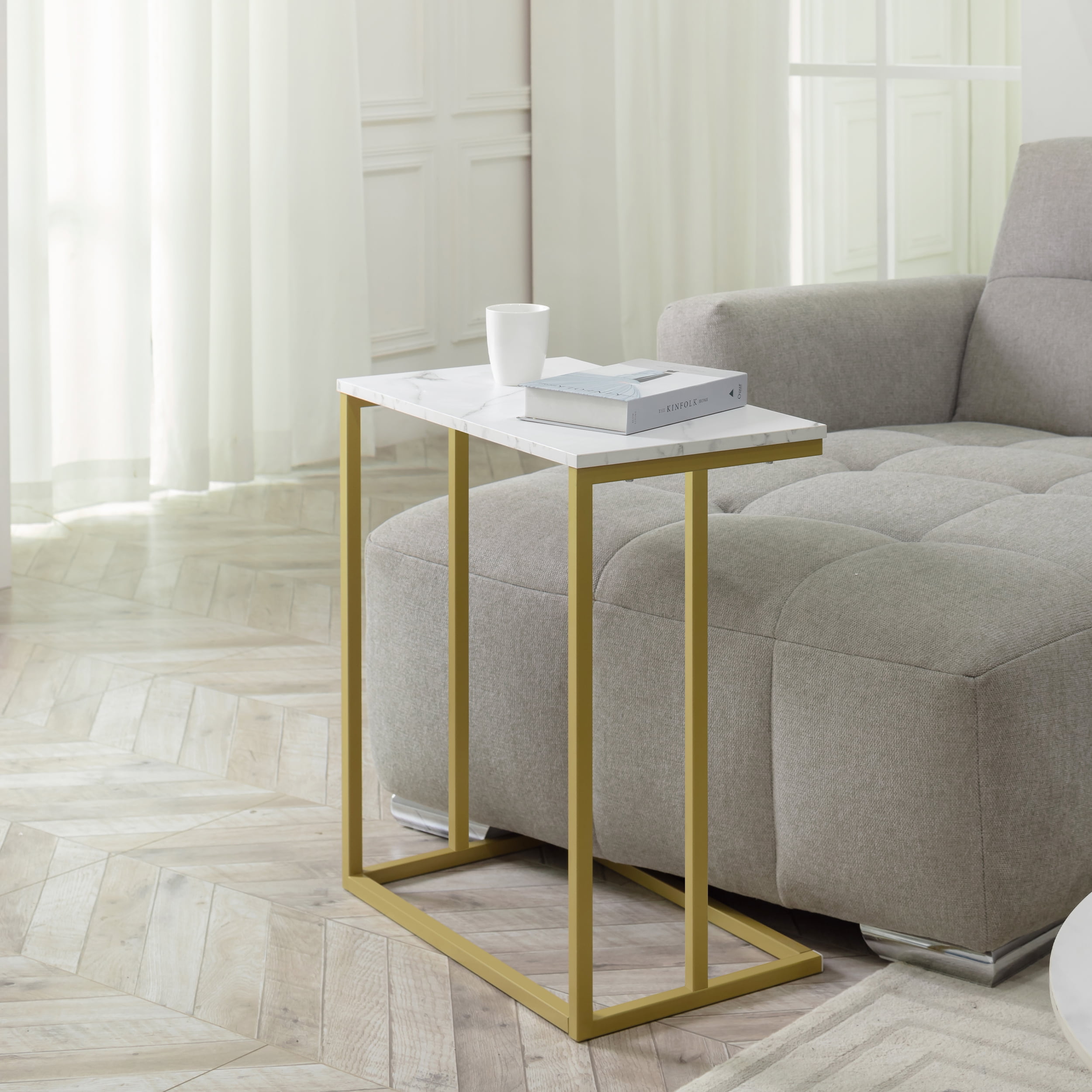 Prilinex Benton Faux Marble C Shaped End Table, White/Gold