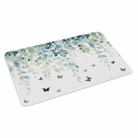Blue Green Eucalyptus Doormat Outdoor Entrance 24"x36", Sage Gradient Leaves Butterfly Absorb Moisture Dirt Door Mats, Non-Slip Rubber Backing Floor Mats Indoor, Low-Profile Front Door Rugs
