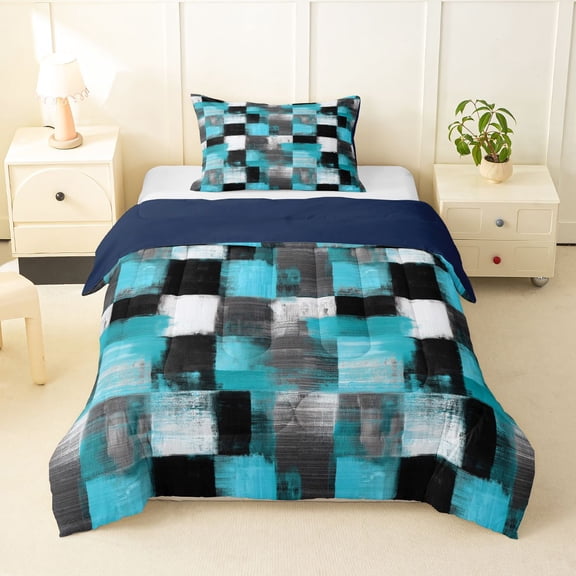 Homewish Vintage Blue Checkered Twin Comforter Sets,Grunge Abstract Art Bedding Set,Navy Blue Reversible,2-Piece,1 Comforter and 1 Pillowcase