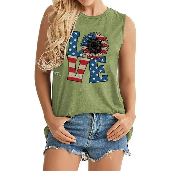 Usmixi Womens Tank Tops Love Letter Print Round Neck Sleeveless Shirts 4th July Independence Day Plus Size Breathable Vest Blouses Green L