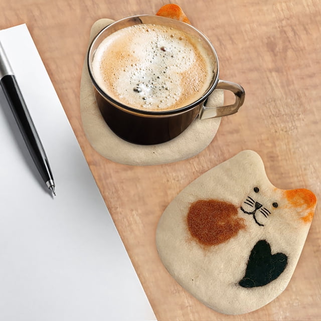 Creative Cartoon Animal Wool Tea Handmade Cute Anti Scald Water Cup Mat Pad Placemat For Table Kitchen Decoration (Cat Face Style)