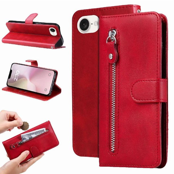 Estuche de Cuero PU con Cierre para iPhone 16e , Funda Protectora con Billetera y Correa