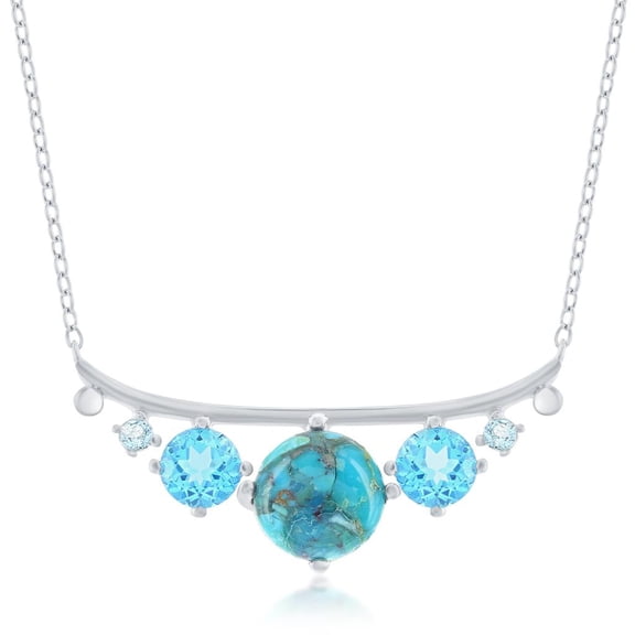 Beaux Bijoux Graduating Created Round Blue Topaz and Turquoise 16 2" Bar Necklace Sterling Silver Jewelry for Women or Teens