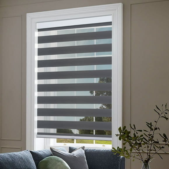 Biltek Zebra Cordless Window Blinds, Dual Layered Light Filtering Roller Shades, Easy Install Blinds, Indoor Home Decor, Pull-Down Shades for Windows, Light Control for Day & Night, Gray, 28"W X 72"H