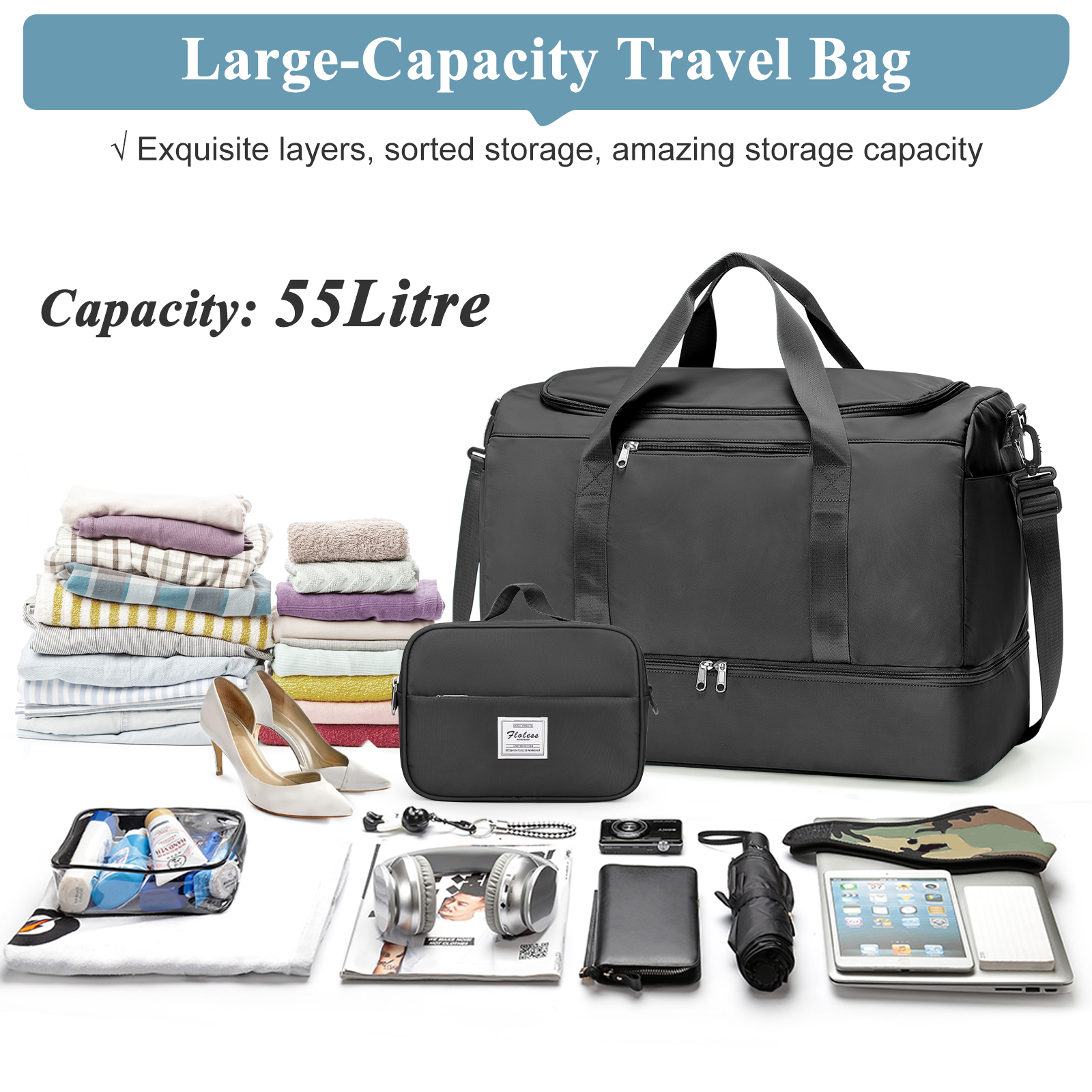 SYCNB Large Travel Duffel Bag, Weekender Overnight Bag for Women, Gym Tote Bag with Shoe Compartment & Toiletry Bag, Carry-On Weekend Bag for Women with Wet Pocket for Travel Business, Black