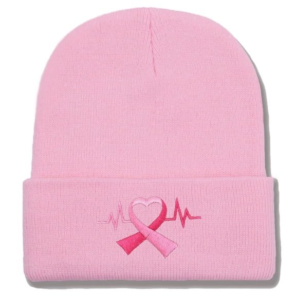 Breast Cancer Awareness Ribbon Embroidered Long Beanie