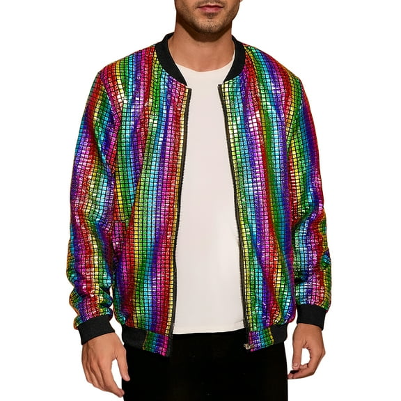 INSPIRE CHIC Holographic Varsity Jackets for Men's Full Zip Up Party Shiny Metallic Bomber Jackets S Multicolor