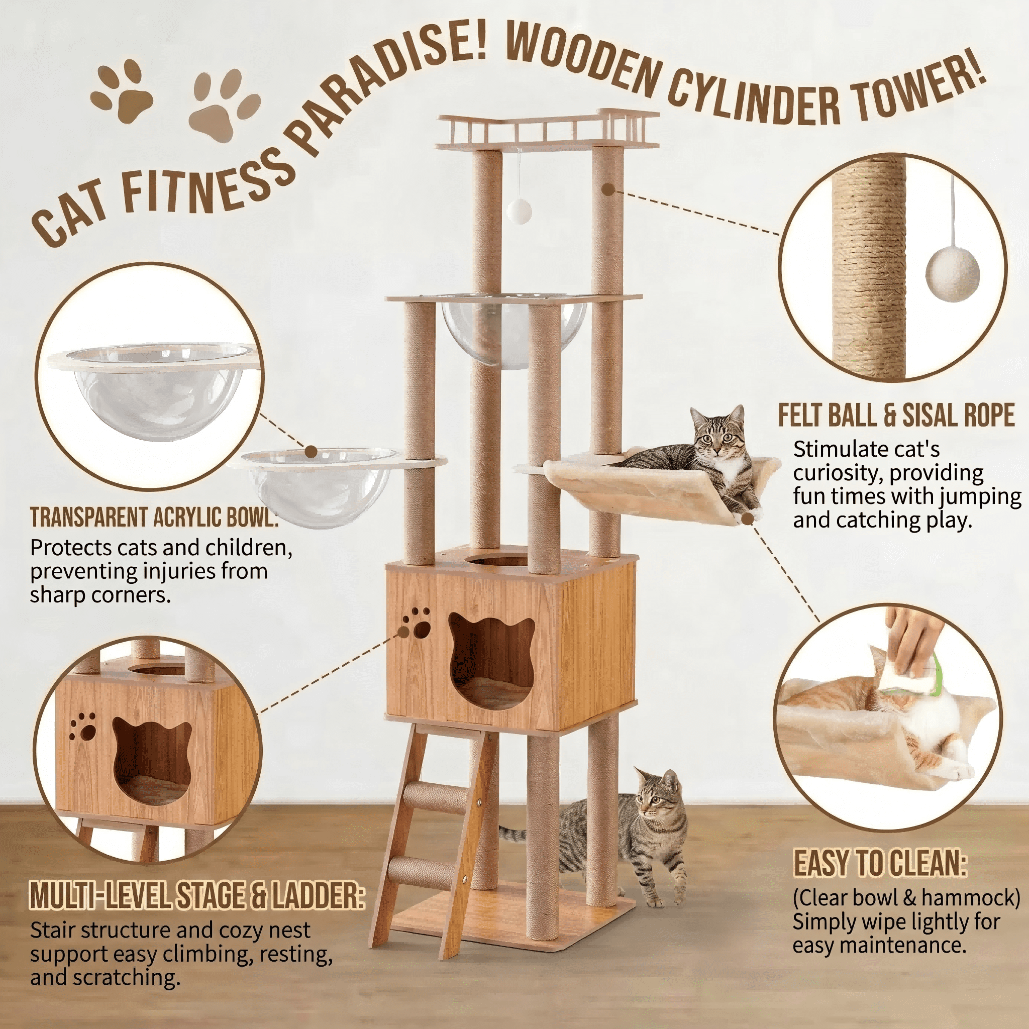 Mekidulu 61in Tall Wooden Cat Tree with 2 Transparent Capsule Pods, 6-Level Heavy Duty Wood Cat Tower for Large Cats, Dark Wood