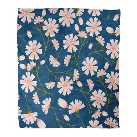 SIDONKU Throw Blanket Warm Cozy Print Flannel Pink Ditsy Daisy Flower Pattern on Indigo Blue Beige Floral Beautiful Blossom Comfortable Soft for Bed Sofa and Couch 50x60 Inches