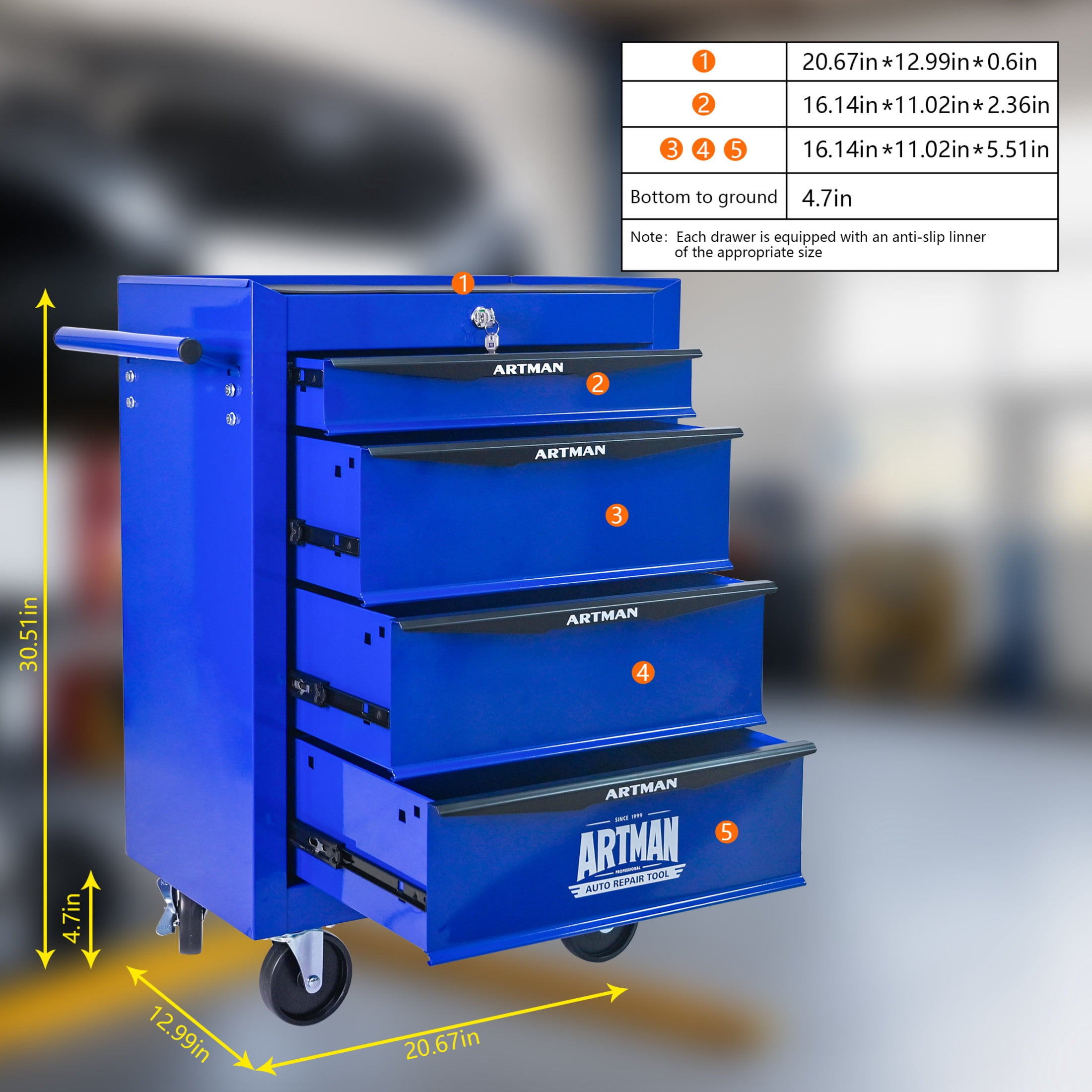 Noble House 4-Drawer Mobile Steel Tool Organizer with Key Lock, Ball Bearing Slide Storage Cabinet Box, Blue